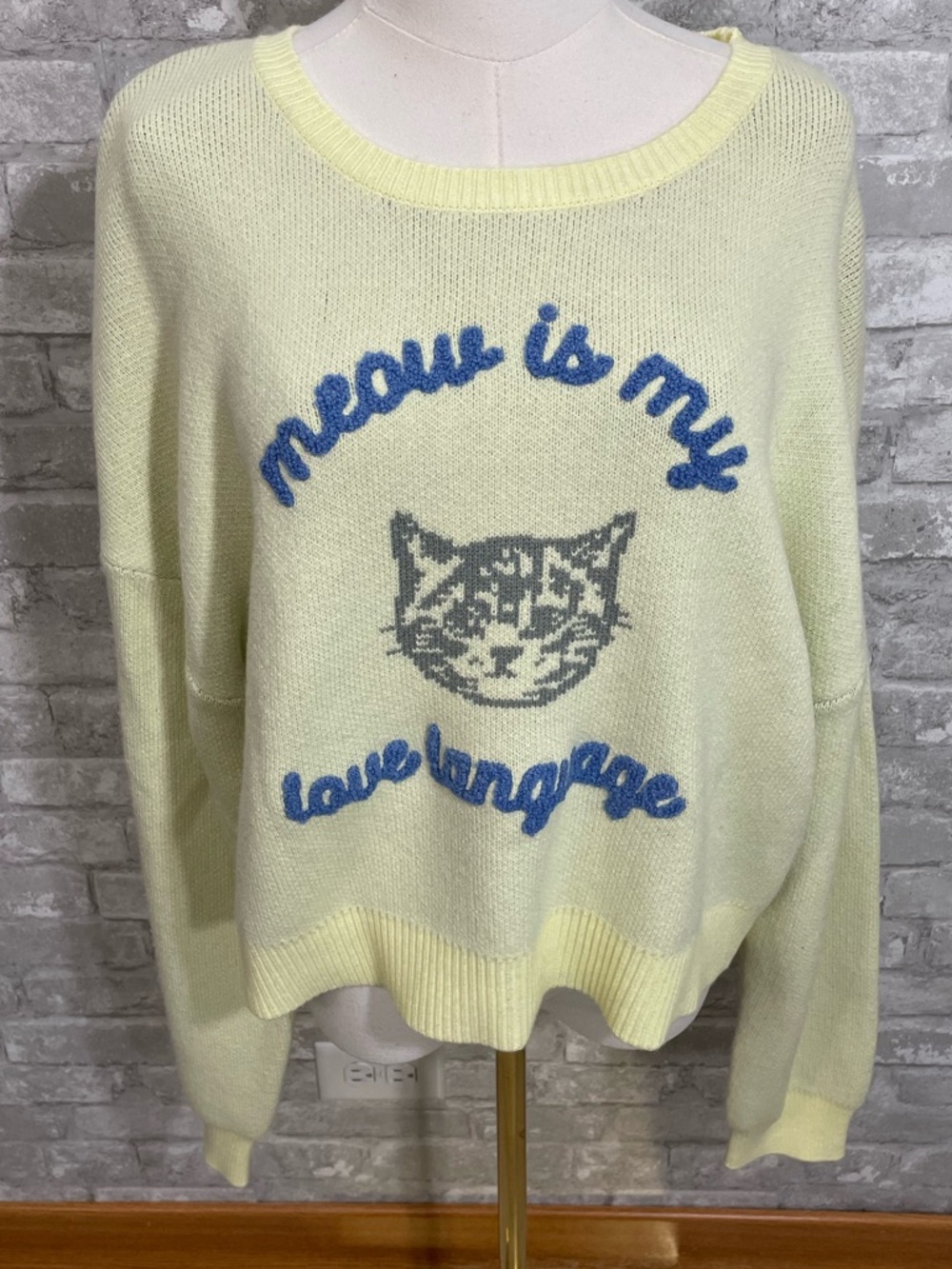 Dry Goods Originality Knit Sweater with a cat graphic meow is my love language